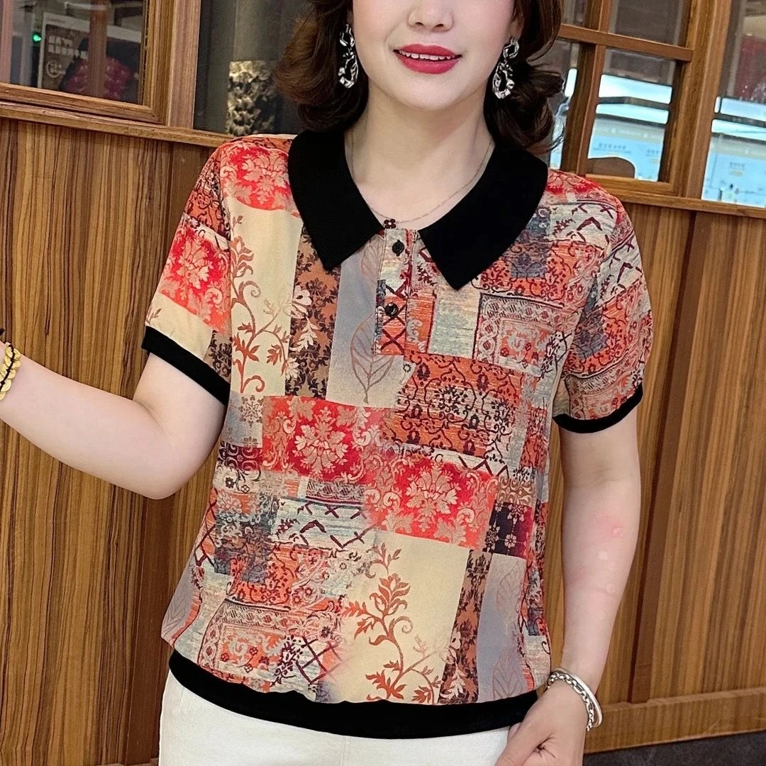 夏季妈妈装休闲短袖洋气气质上衣娃娃领时尚遮肉小衫