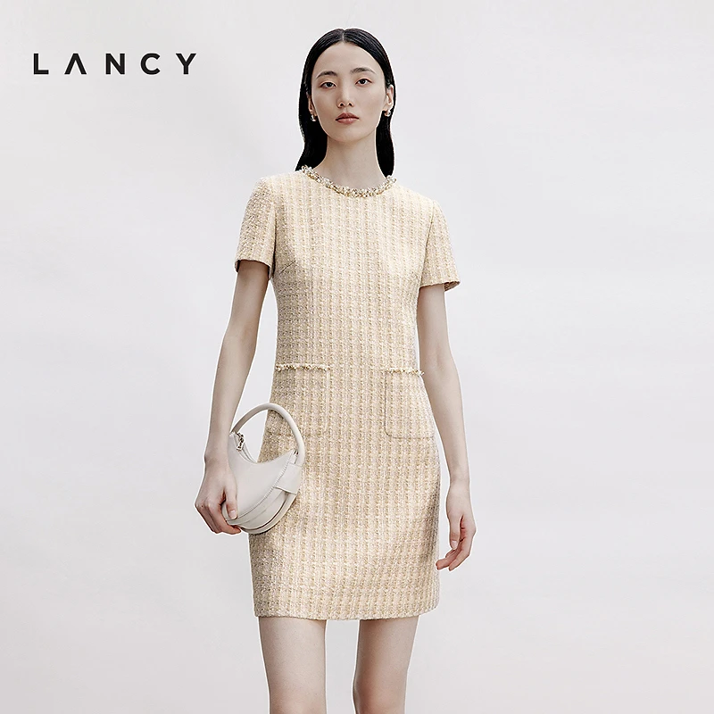 LANCY/朗姿2024秋新款粗花呢圆领小香风收腰短款短袖纯色连衣裙女