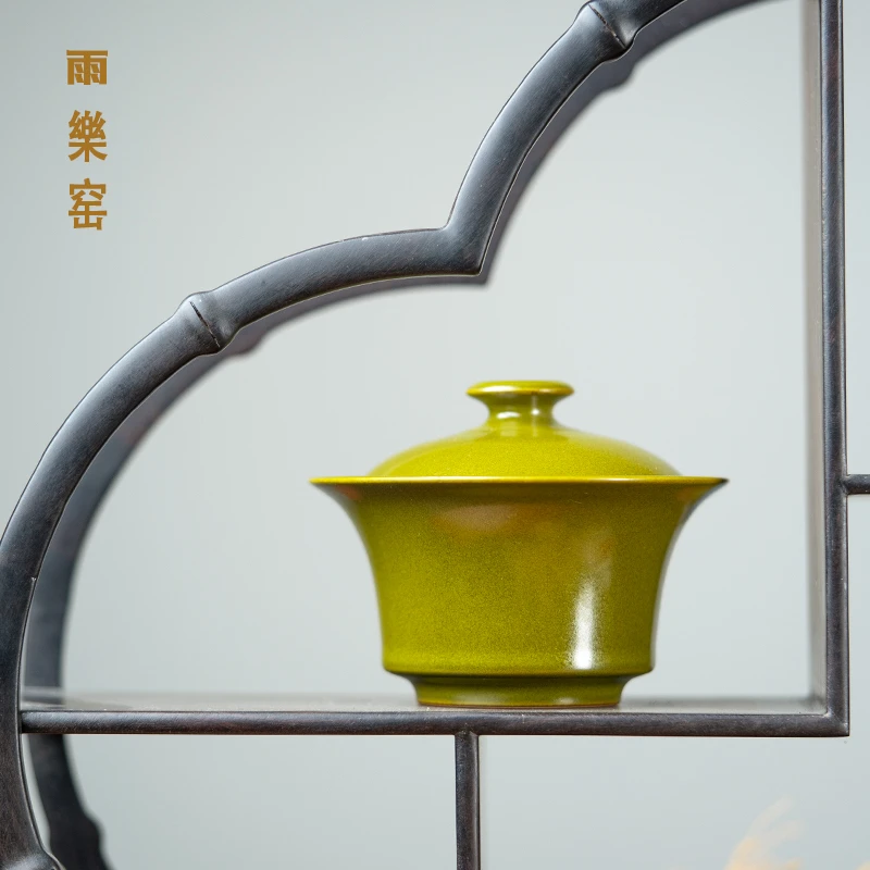 景德镇茶叶末色釉全手工拉坯马蹄二才盖碗