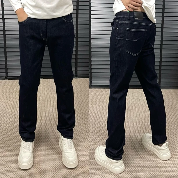 早秋新款普洗蓝色修身小直筒牛仔裤锁色弹力商务高端男裤