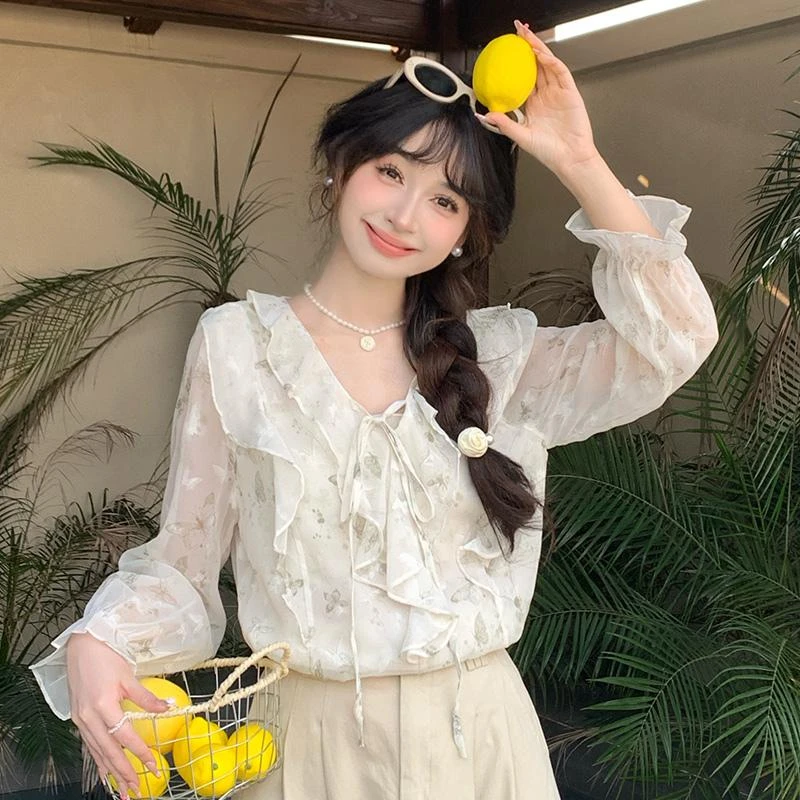 慕兔法式气质荷叶边雪纺衬衫女2025春季新款气质v领碎花长袖上衣