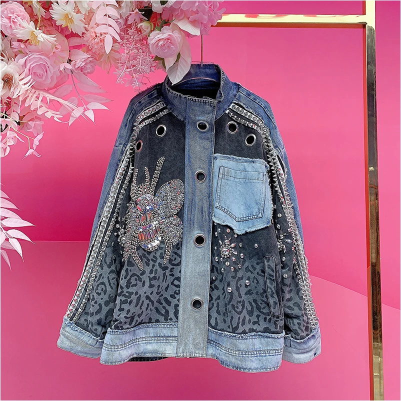 A4222欧美设计师2025冬季新款重工铆钉刺绣蜂蜜拼接休闲牛仔外套