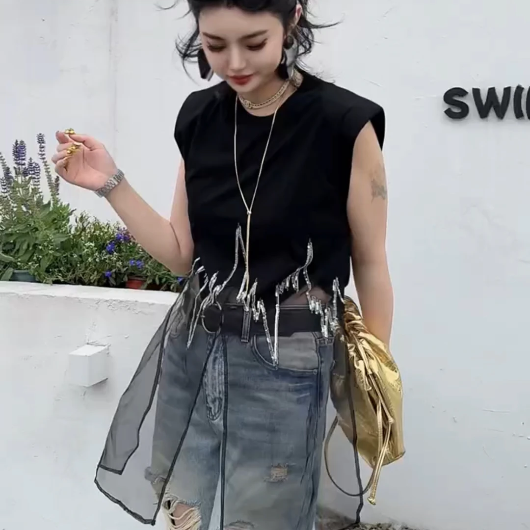 新款拼接设计时尚上衣女修身百搭打底T恤