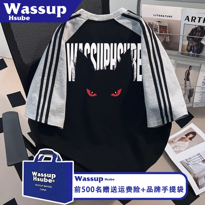 WASSUP HSUBE夏季设计感短袖ins潮酷猫咪印花重磅纯棉T恤男女半袖