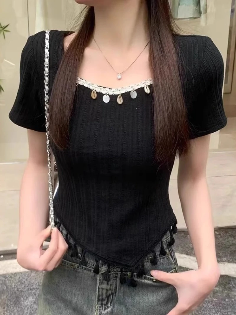 纯欲风方领正肩短袖t恤女2025夏季新款小众设计感民族风流苏上衣