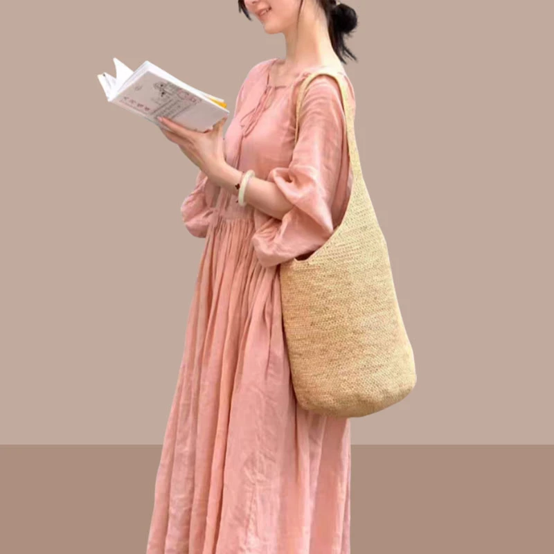 早秋时尚新款大码女装粉色纯苎麻纯色大码V领系带连衣裙宽松裙子
