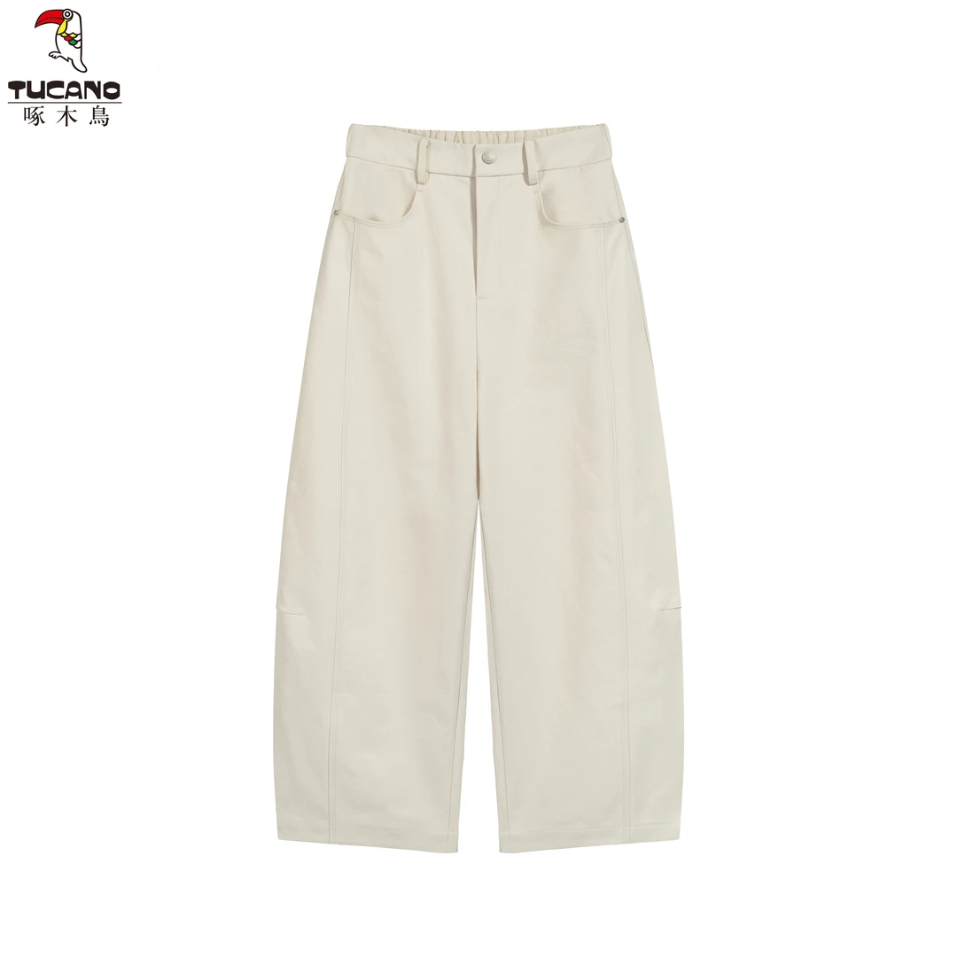 啄木鸟九分哪吒裤松紧腰抗皱显瘦休闲裤纯色抗皱高腰阔腿松紧裤