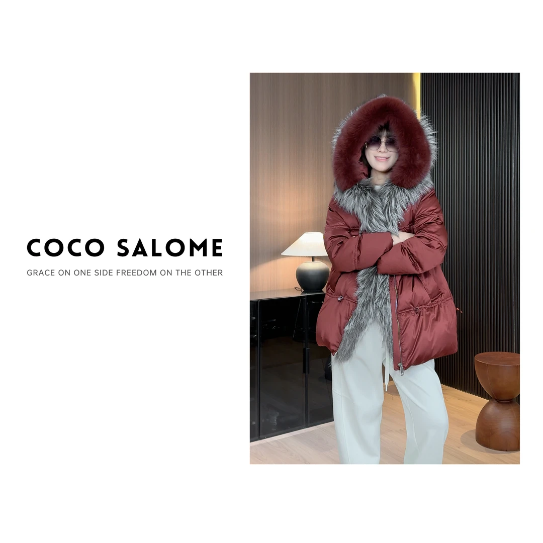 韩彬彬CS"冰雪皇后"光泽冬季缎面狐狸毛领女款羽绒服0888-(14)