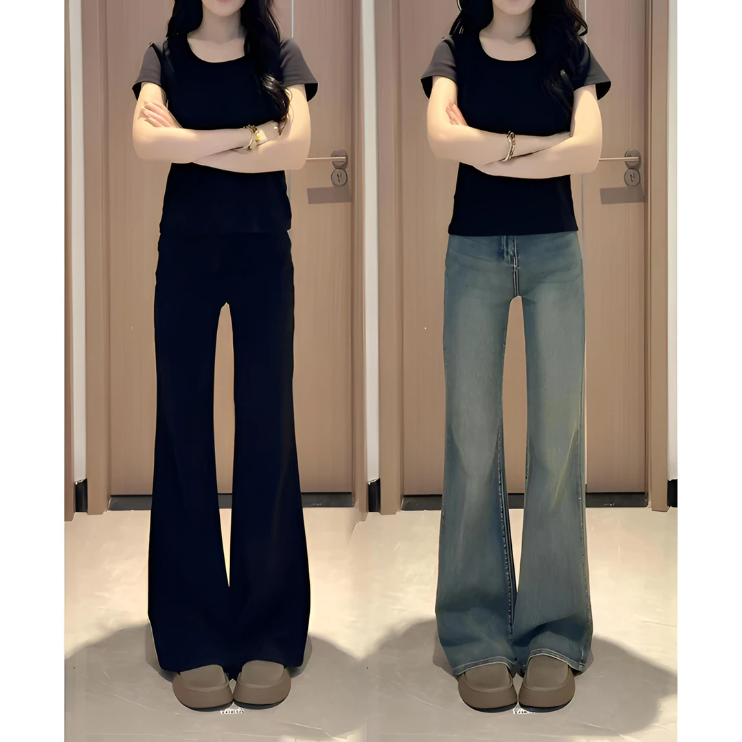 大码女装秋季梨形身材胖MM高腰显瘦宽松微喇阔腿弹力牛仔裤