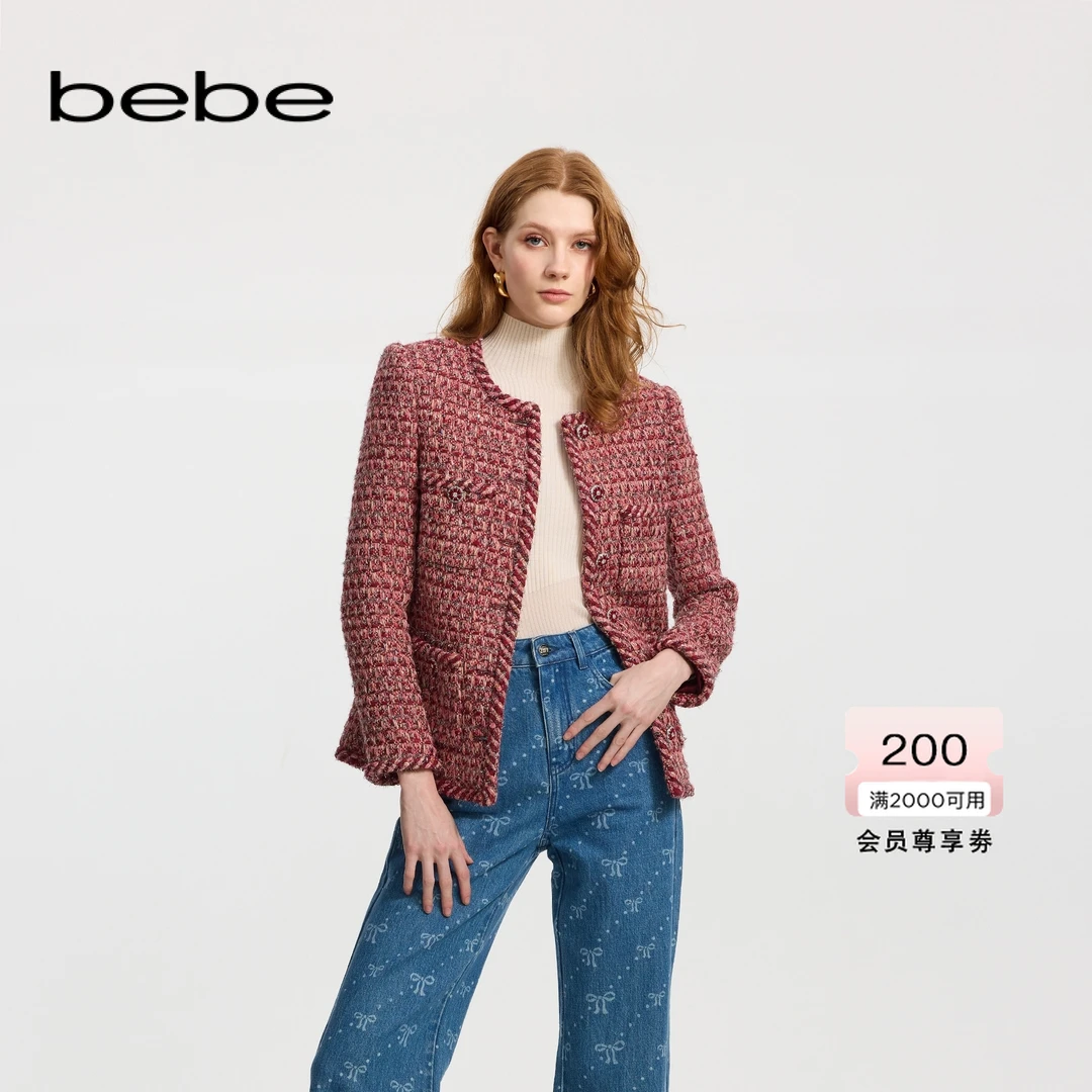 【明星同款】bebe冬季女士含羊毛编织织带缀饰粗花呢外套440307