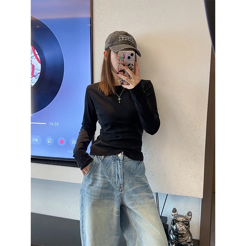 2025欧货早春新款欧货设计感圆领长袖设计感T恤女