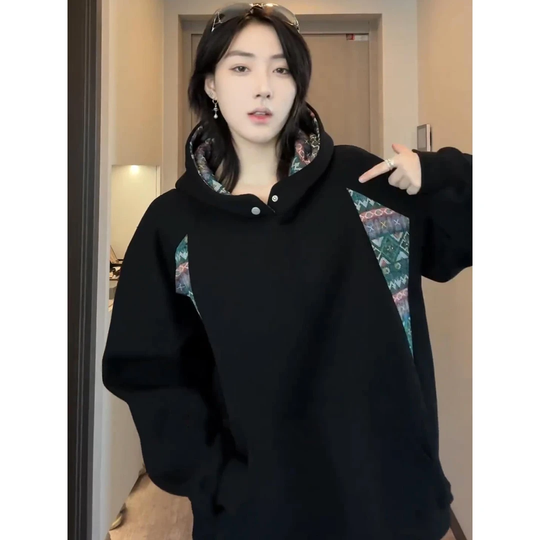 民族风拼接刺绣连帽卫衣男款秋季小众设计感重磅硬挺情侣上衣外套