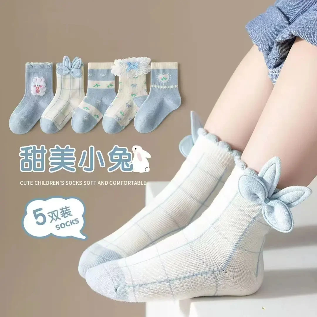 女童袜子春秋款甜美小兔蝴蝶结中筒袜大中小筒宝宝韩版公主风袜子