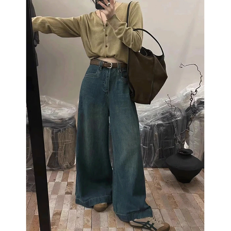 阔腿裤2379高街美式阔腿牛仔裤女春秋季新款百搭高腰宽松显瘦阔腿