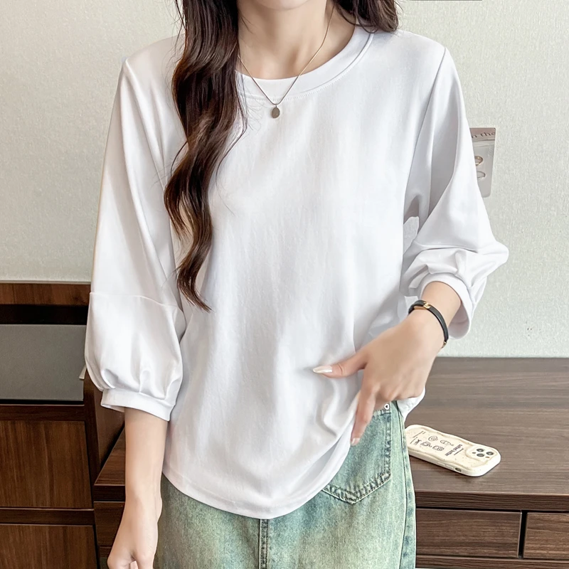 春夏定制秘鲁棉泡泡袖打底衫t恤 七分袖白色百搭宽松外穿纯色上衣