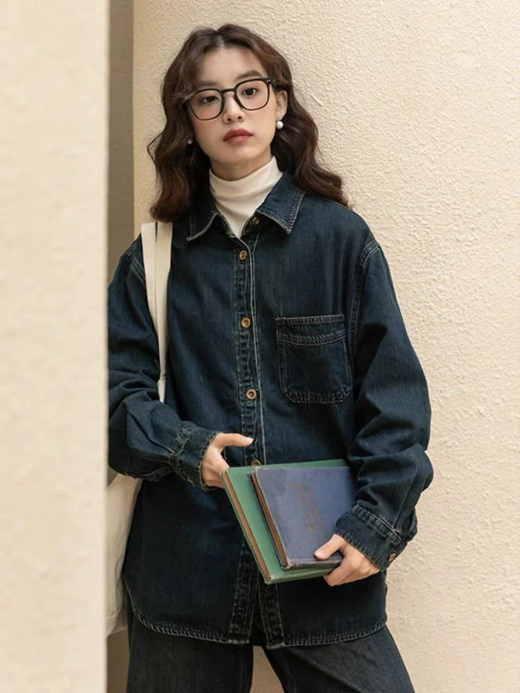 复古做旧polo领牛仔衬衫女早春新款气质休闲宽松显瘦百搭叠穿上衣