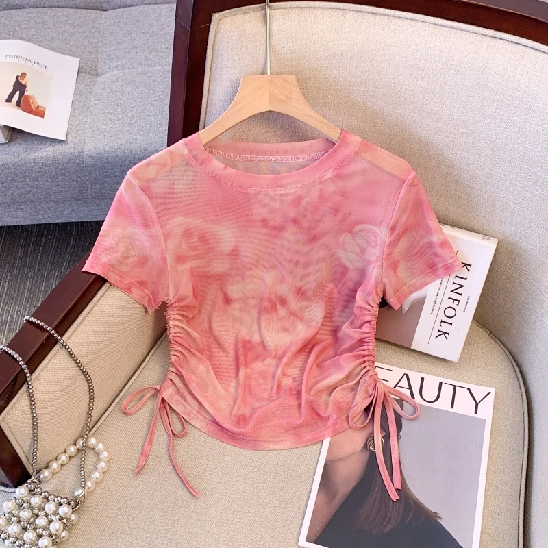辣妹水墨画扎染网纱薄款短袖T恤女夏季设计感抽绳打底衫短款上衣