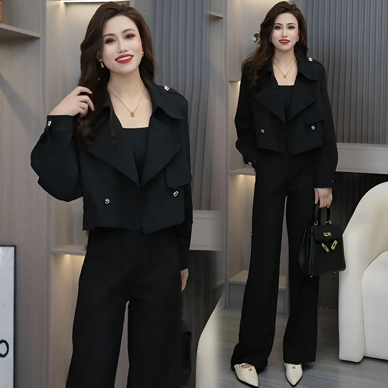 网红时尚西装套装女2025春秋新款洋气显瘦短外套高腰阔腿裤两件套