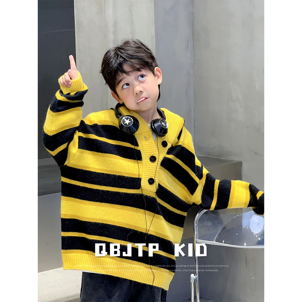 Q宝家童品12月新款 男童毛衣儿童冬季加厚条纹针织衫中大童上衣潮