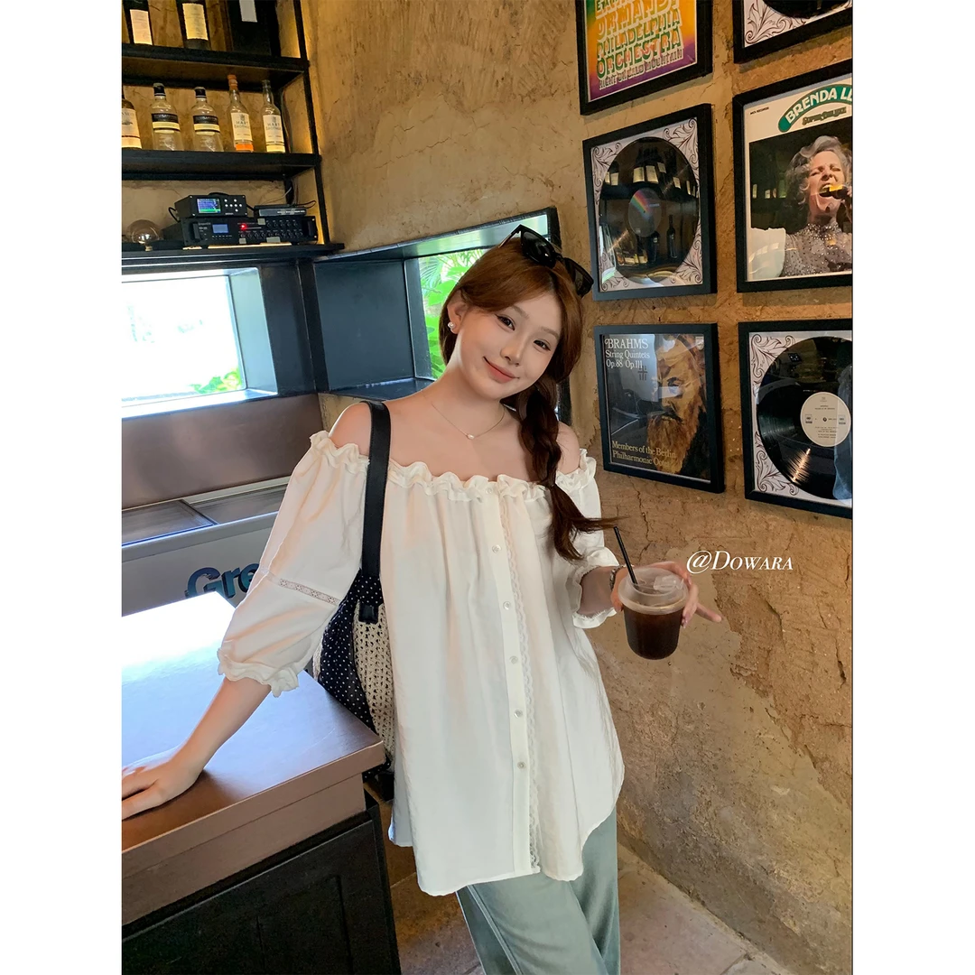 现货大婉酱微胖定制【初夏小白花】法式设计感一字肩衬衫上衣 9181D