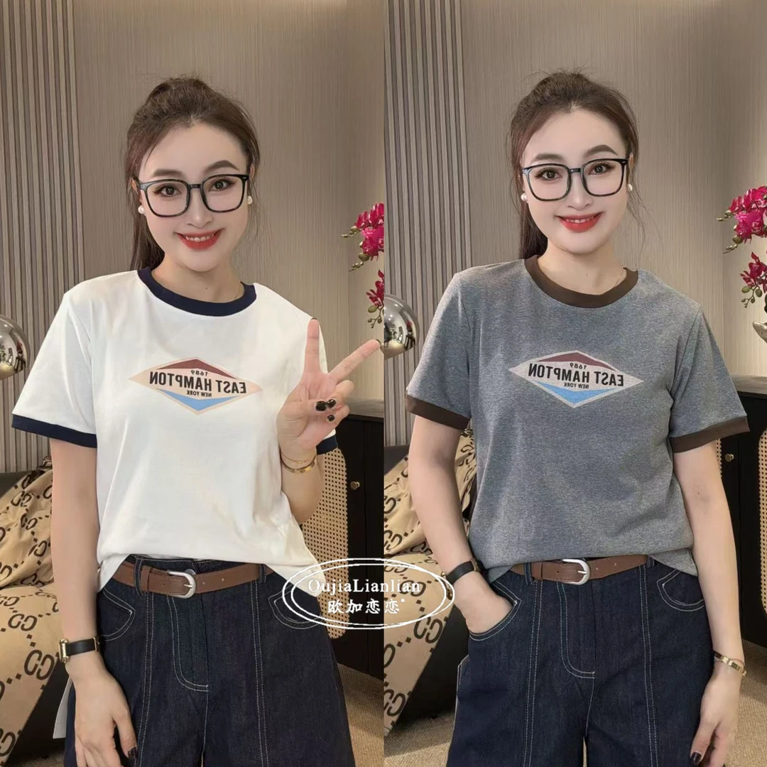 【欧加恋恋】2025夏季百搭显瘦圆领字母拼色领通勤T恤SQ25042254