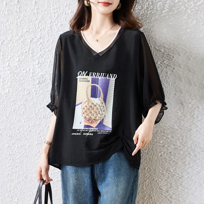 短袖雪纺衬衫女2025年夏新款欧货宽松洋气休闲减龄胖mm显瘦上衣