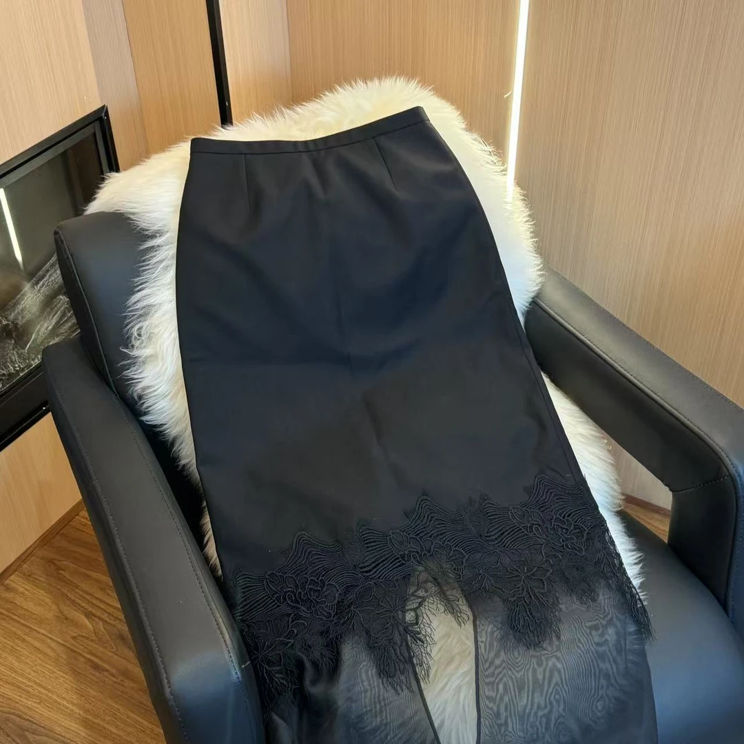 ZM25年新款蕾丝拼接半身裙女士气质包臀后开叉半身裙87193