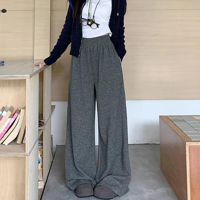 灰色松紧腰休闲裤女秋季慵懒百搭阔腿裤显瘦宽松拖地长裤直筒裤子