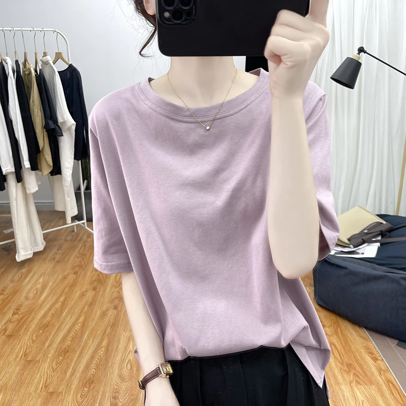 纯棉宽松开叉短袖T恤女复古设计感百搭上衣夏装港风显瘦圆领体恤