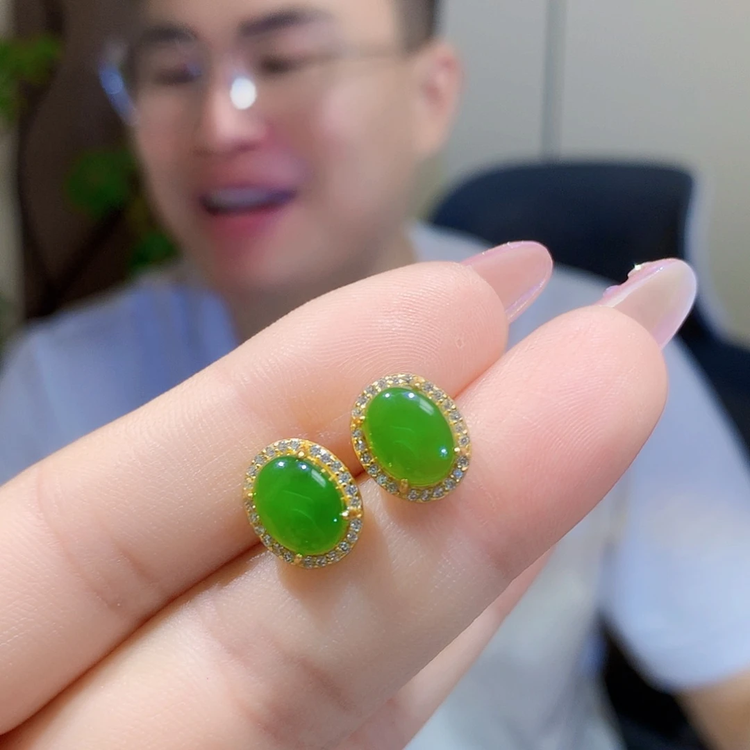 银S925镀金镶嵌和田玉（碧玉）耳饰