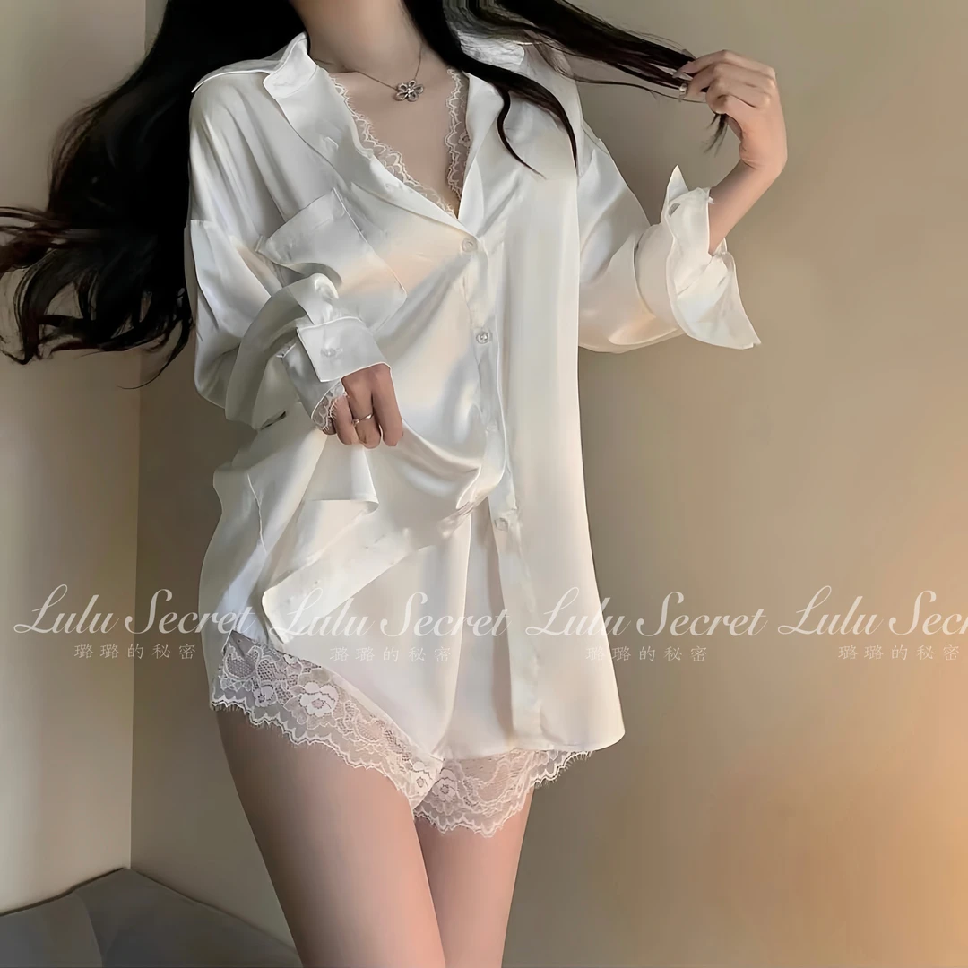 【隐衫之欲】2025春季新款璐璐秘密高定轻奢睡衣蕾丝衬衫裙加短裤