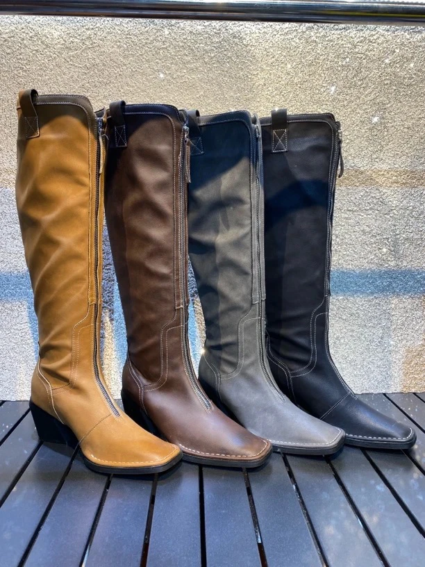 0127-9时尚复古磨砂牛皮高筒长靴前拉链粗跟骑士靴女高跟秋冬长筒