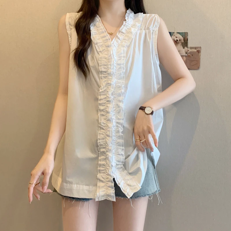 花瓣领无袖衬衫女夏季2025新款大码微胖mm设计感外穿漂亮小衫上衣