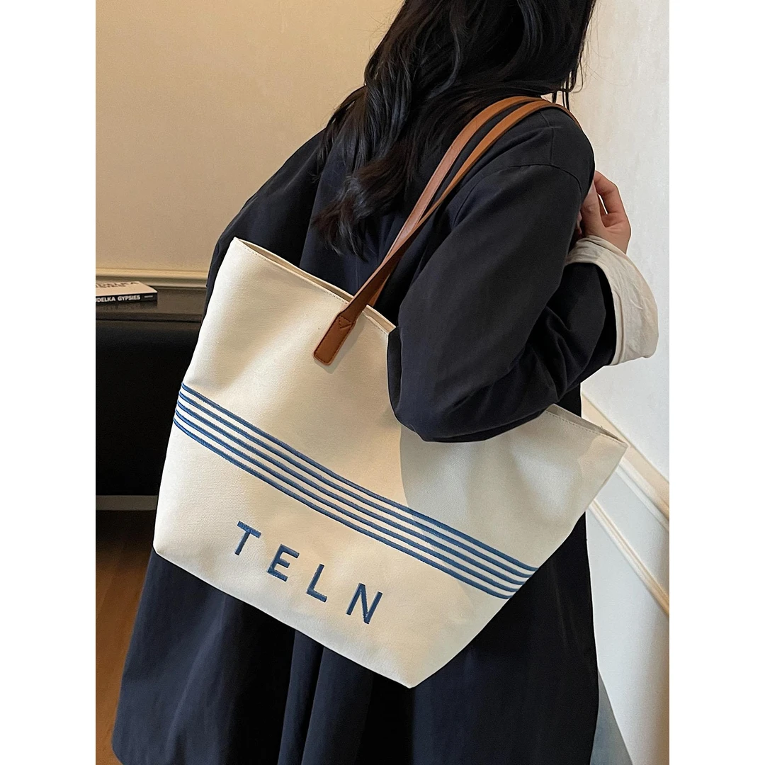 高级感通勤帆布托特包大容量绣线条纹休闲手拎大包单肩斜挎包