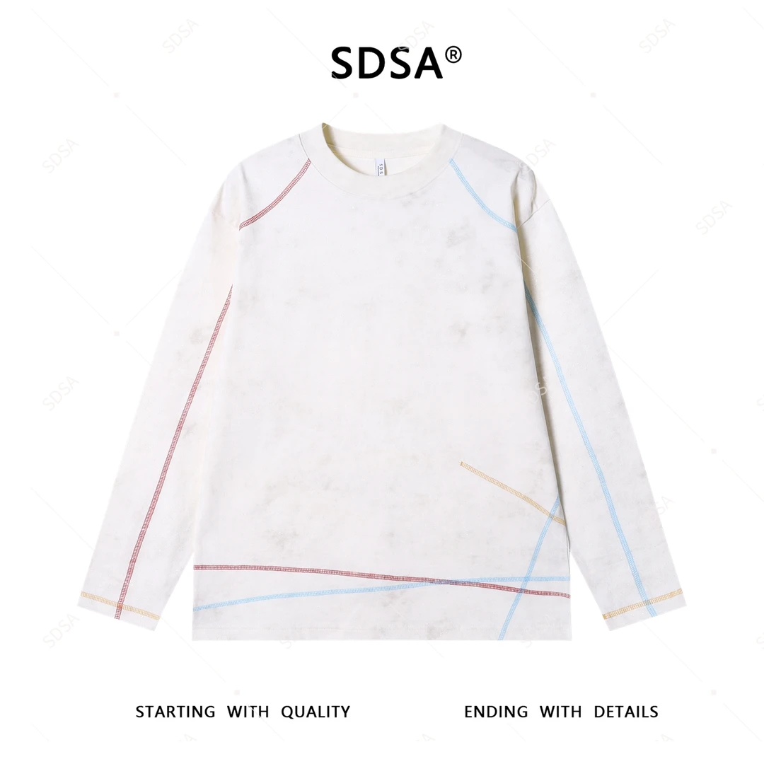 SDSA男士2025新款轻奢痞帅男装满天星彩色缝线圆领长袖T恤宽松潮
