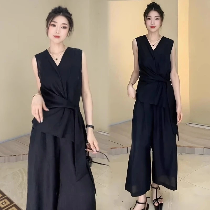 时尚套装女2025夏季新款时髦洋气无袖V领系带上衣阔腿裤两件套潮