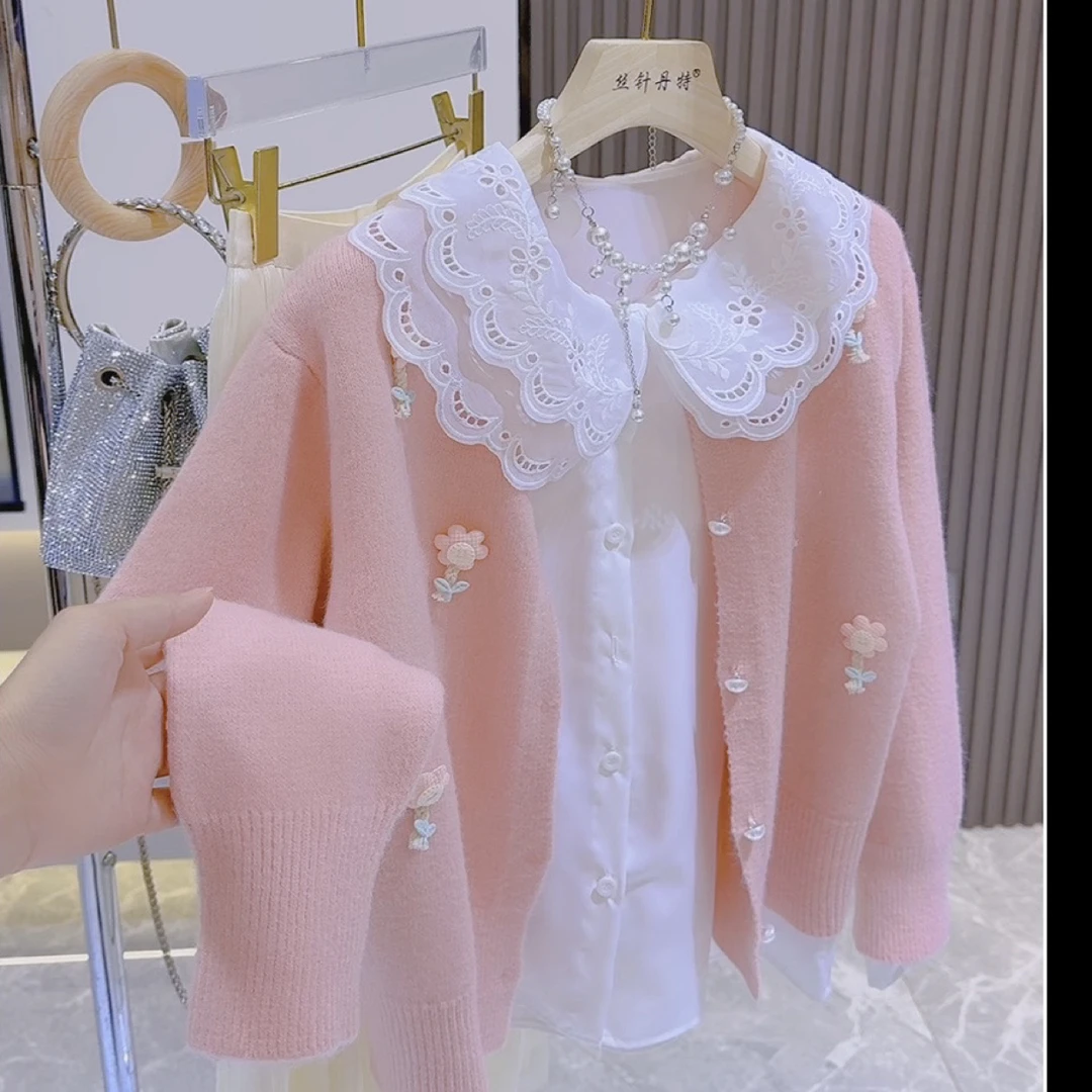 39甜美可爱小个子花朵圆领外套开衫女宽松慵懒风针织衫上衣秋季