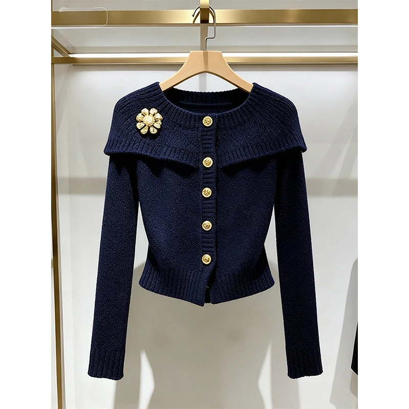 藏蓝色斗篷针织上衣女秋冬高端巨好看独特漂亮气质小香风毛衣外套