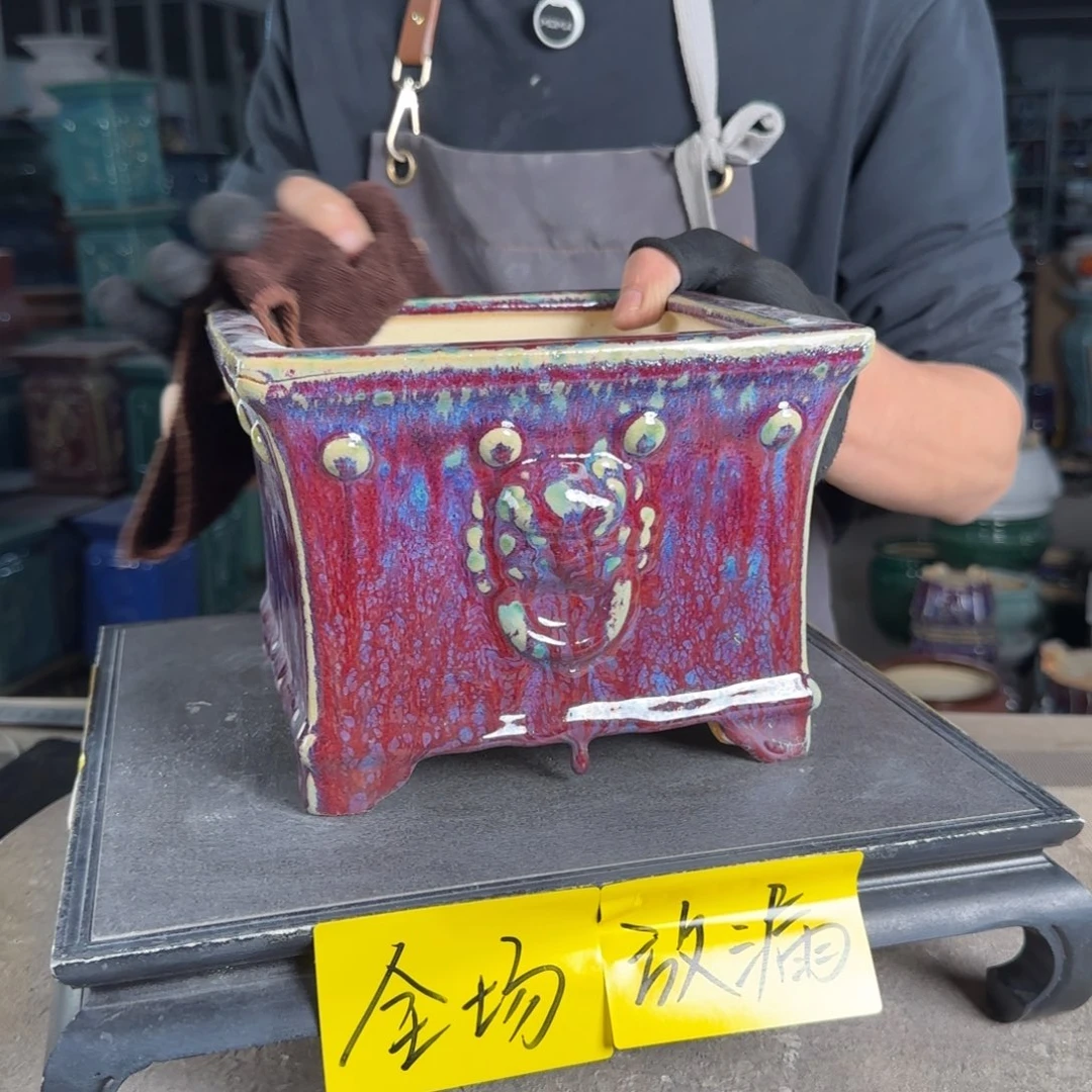一风堂石湾花盆。釉裂
