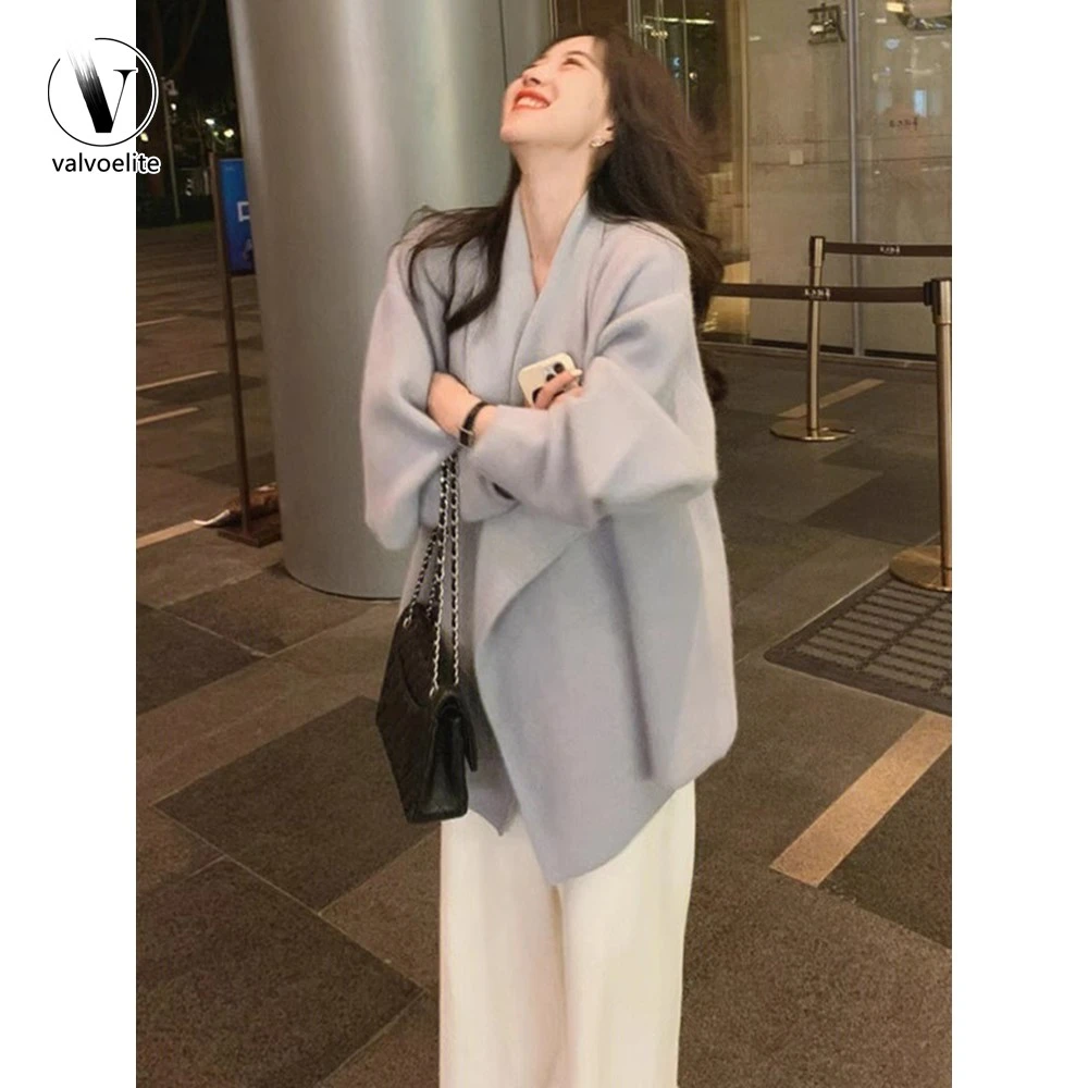 VALVOELITE韩版小香风蓝色v领针织开衫女秋冬高级感毛衣外套上衣