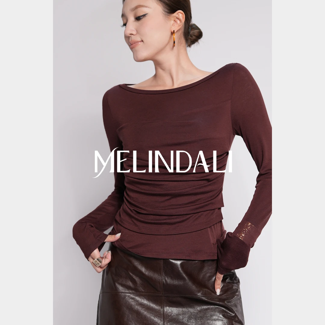 Melinda Li【挚爱叠褶】私服莱赛尔绵羊毛大圆领抽褶收腰长袖T上衣