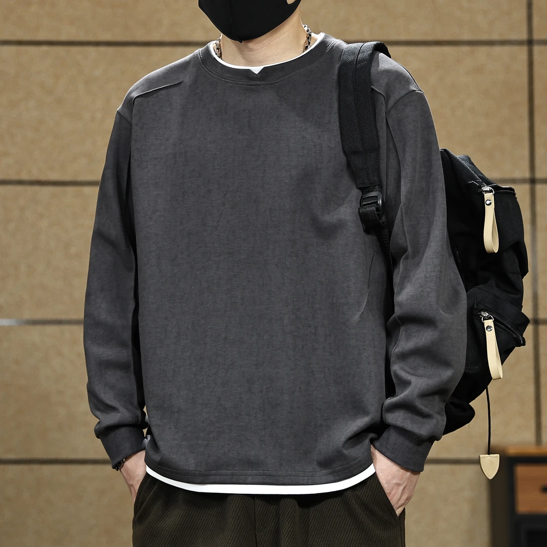 假两件设计感圆领男士卫衣秋季新款宽松休闲美式潮牌打底长袖T恤