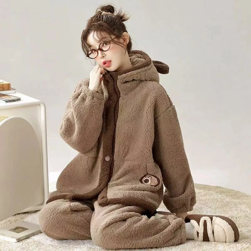 2025新款保暖休闲甜美宽松套装韩版秋冬季加绒睡衣毛绒家居服保暖