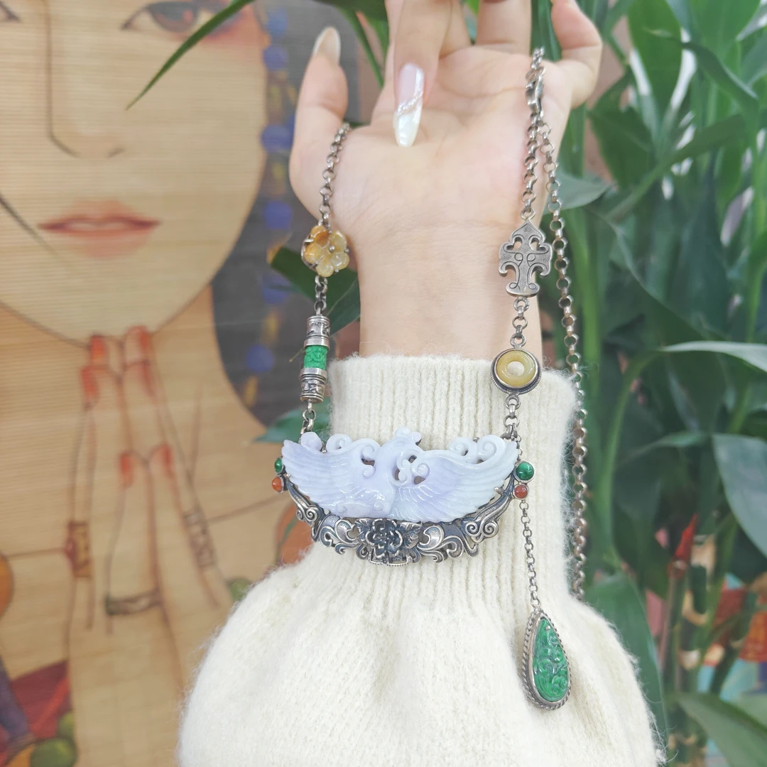 恒玖翡翠  台湾银镶 天然翡翠吊坠 手工珠宝镶嵌  复古