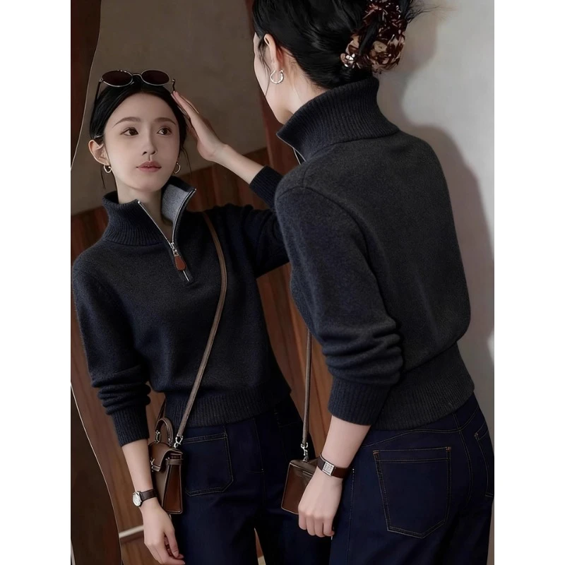 黑色半拉链立领针织毛衣长袖T恤女2025新款巨好看的冬装内搭上衣