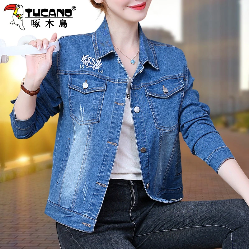 啄木鸟蓝色牛仔外套女2025新款春秋季大码短款小个子港风复古上衣