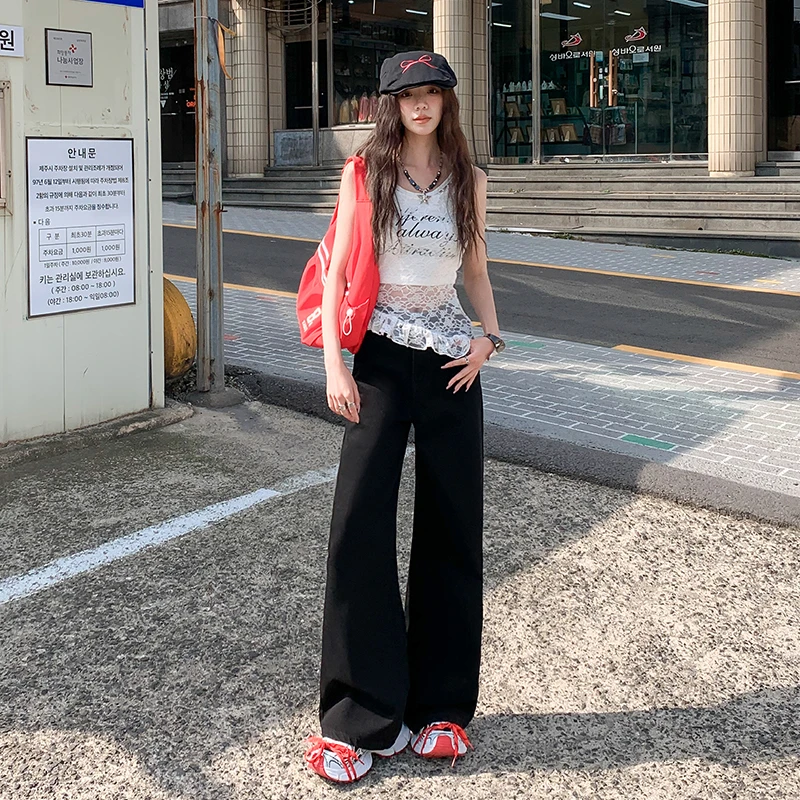 美式黑色阔腿牛仔裤女2024夏季新款低腰垂感显瘦宽松直筒休闲裤子