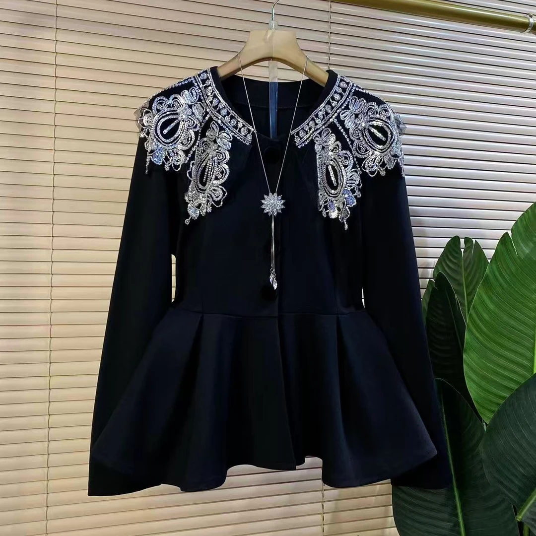 Z胖mm欧货时尚新款秋季重工刺绣拼接高级感显瘦女人衫