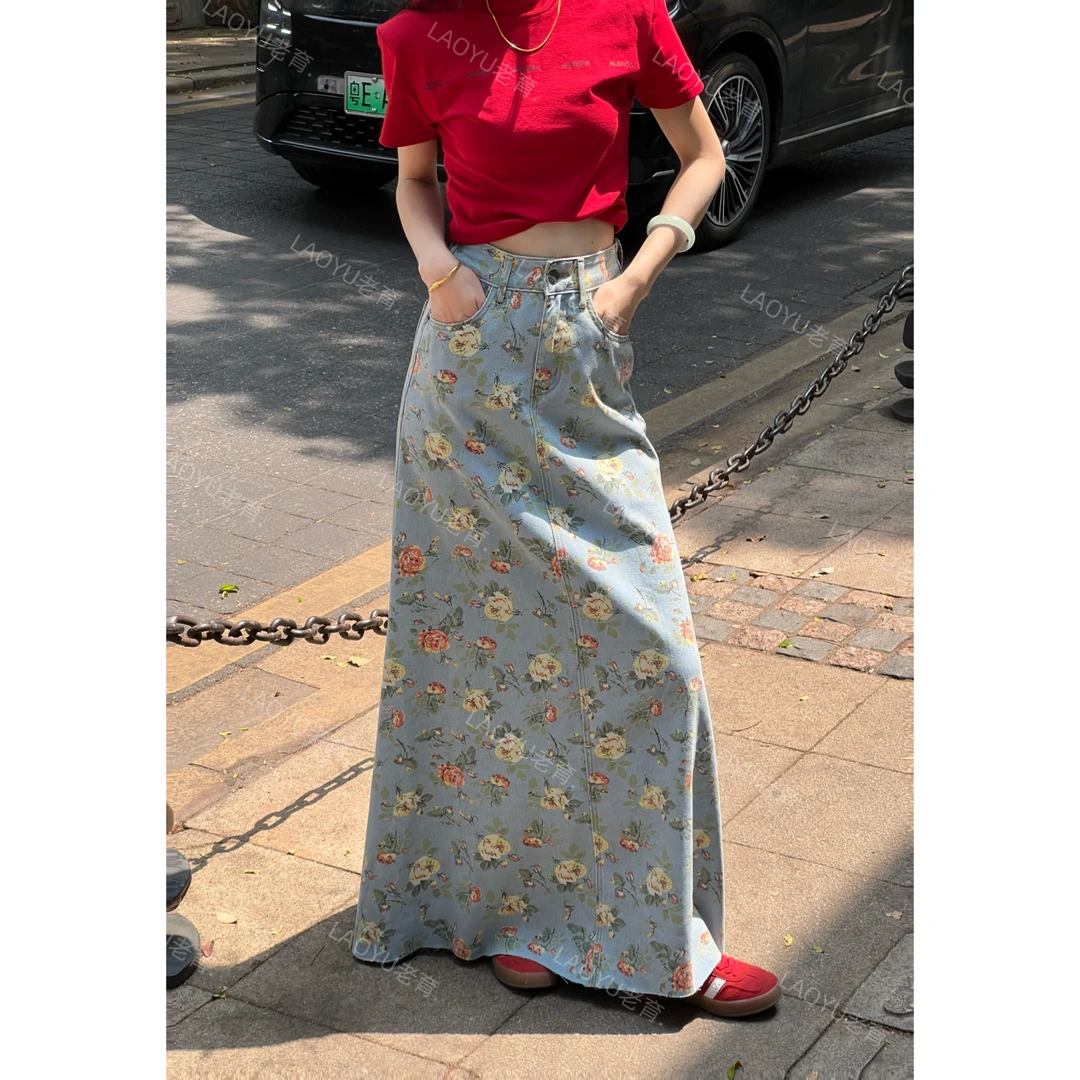 现货 LAOYU（粉玫瑰）2025春夏韩系显瘦印花碎花玫瑰大摆牛仔半身裙