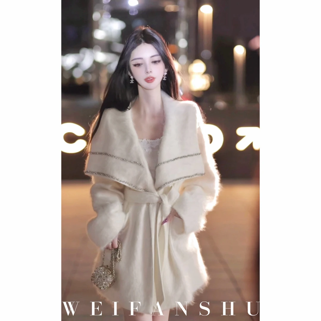 WEIFANSHU/魏凡舒【暖冬絮语】秋冬大方领系带澳毛羊绒混纺大衣外套